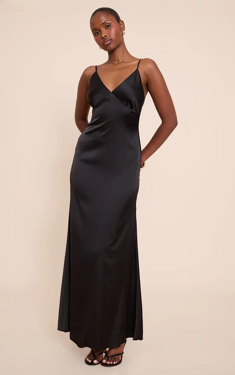 satin strappy dress AX Paris Women's Teal Satin Strappy Cowl Neck Gathered Skirt Midi Dress