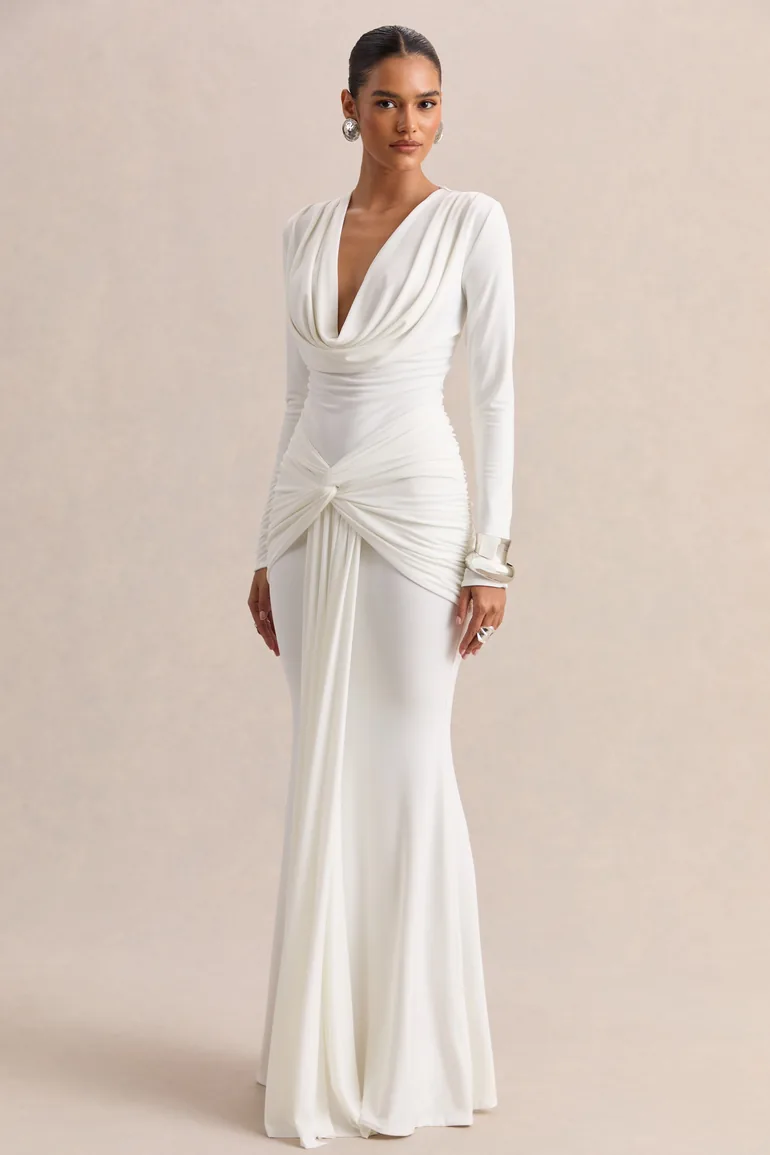 Palerma | White Draped Cowl-Neck Maxi-Dress With Gathered-Detailing - 3