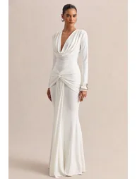Palerma | White Draped Cowl-Neck Maxi-Dress With Gathered-Detailing - 3