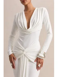 Palerma | White Draped Cowl-Neck Maxi-Dress With Gathered-Detailing - 2
