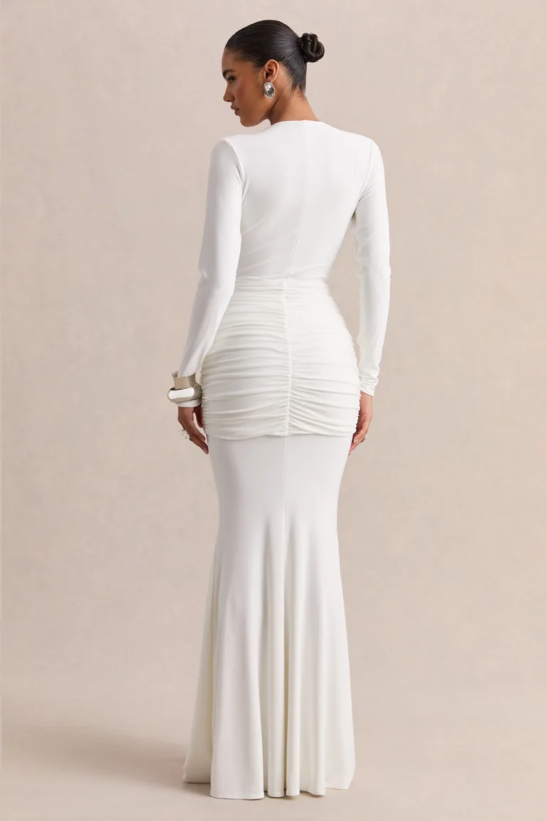 Palerma | White Draped Cowl-Neck Maxi-Dress With Gathered-Detailing - 1