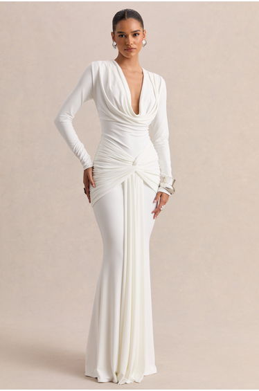 Palerma | White Draped Cowl-Neck Maxi-Dress With Gathered-Detailing