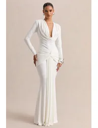 Palerma | White Draped Cowl-Neck Maxi-Dress With Gathered-Detailing