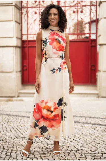 فستان ماكسي بياقة هالتر بأزهار - كريمي