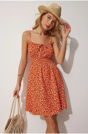 Women's Orange Floral Strap Summer Knitted Mini Dress