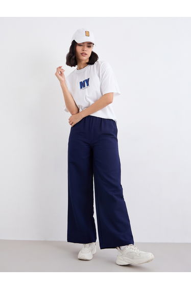 Navy Blue Textured Wide Leg Casual Pants