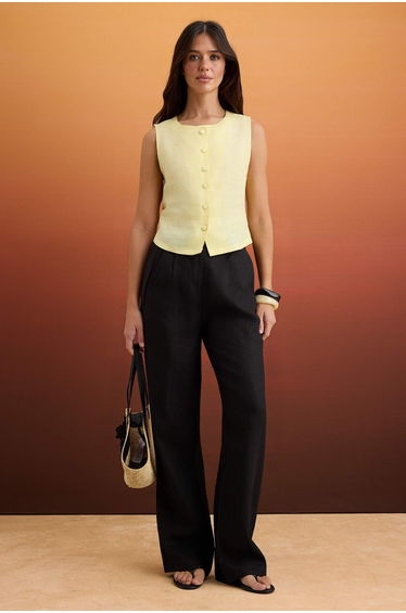 Yellow 100% Linen Button Detailed Woven Blouse