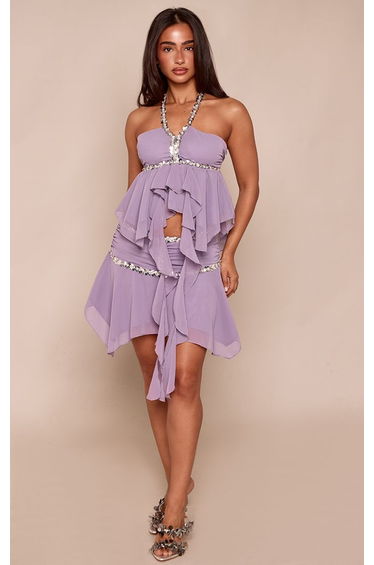 Petite Lilac Low Rise Embellished Ruffle Mini Skirt Co-ord
