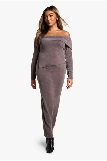 Plus Two Tone Rib Off Shoulder Top & Maxi Skirt Co Ord