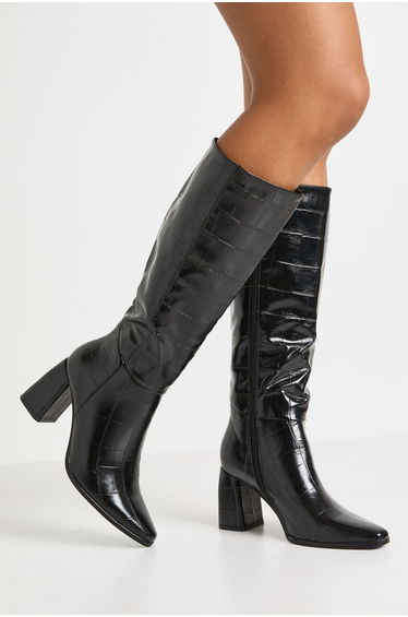 Croc Block Heel Knee High Boots - black