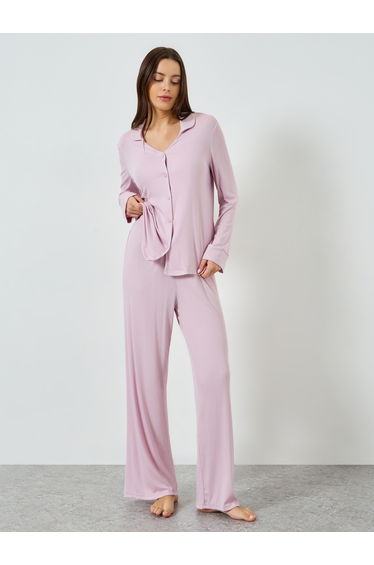 Supersoft Viscose Open Collar Buttoned Shirt and Pyjama Set