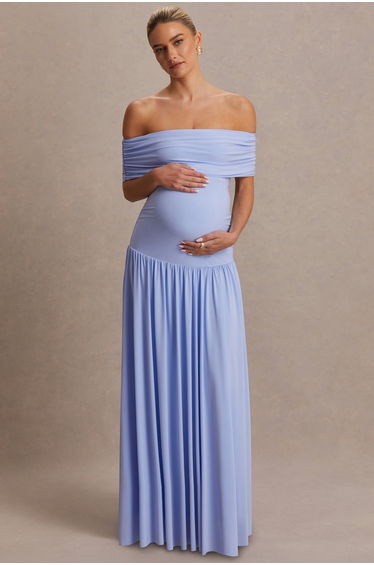 Juliette | Powder Blue Bardot-Neck Maxi Dress With Drop-Waist