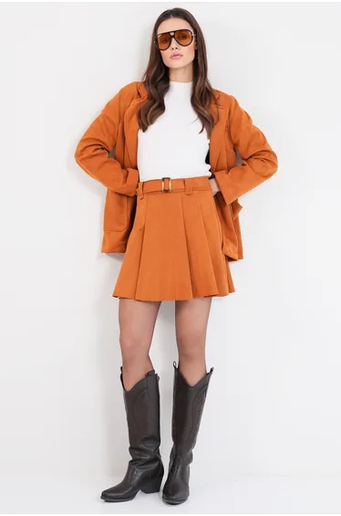 Women's Cinnamon Self-Belted Pleated Detailed Faux Suede Skirt