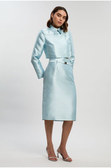 Satin Twill Belted Tailored Midi Skirt