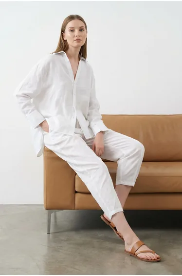 White Shirt and Elastic Waist Trousers Linen Look Woven Bottom - Top Set