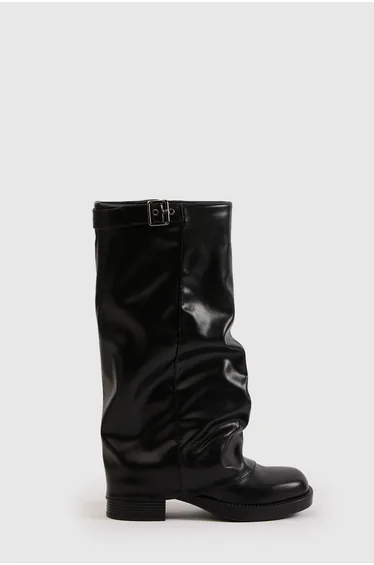 Fold Over Buckle Knee High Boot - black
