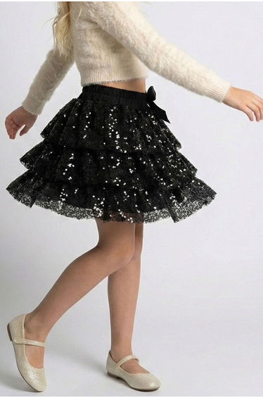 Girl's Layered Skirt with Sequin Bow Accessory, Black (Ages 5-10)