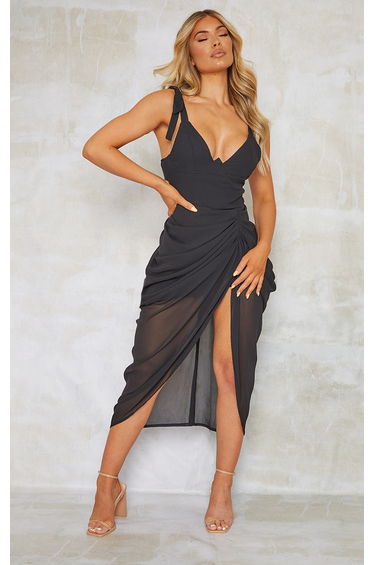 Black Underwire Detail Draped Midi Dress