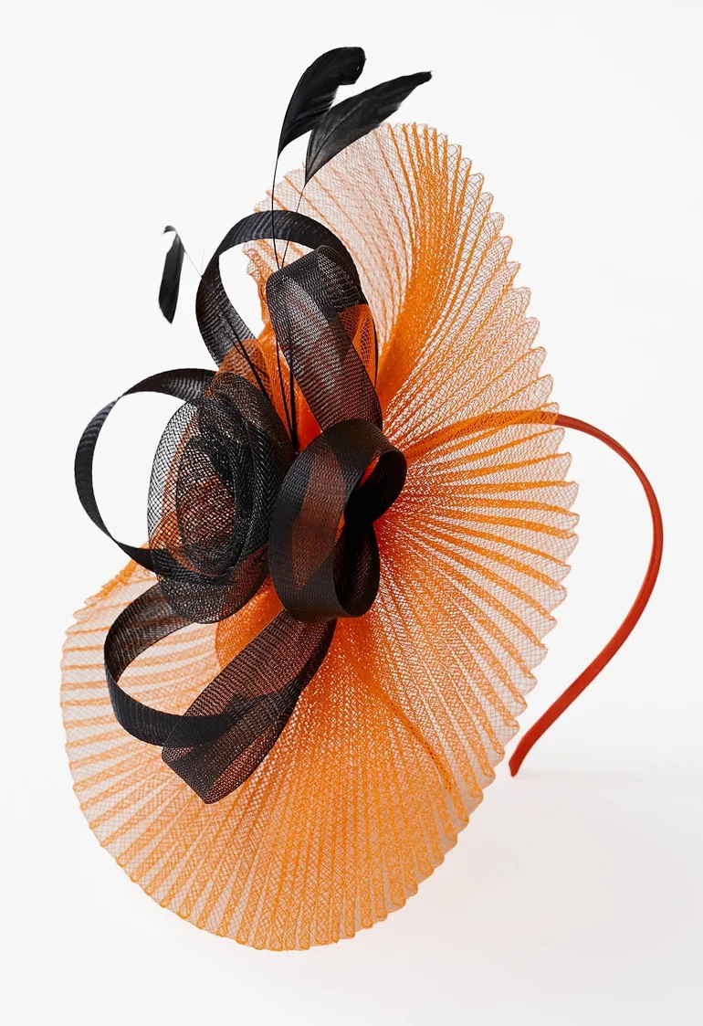 Pleated Mesh Flower Headband with Hair Clip in Orange - 1