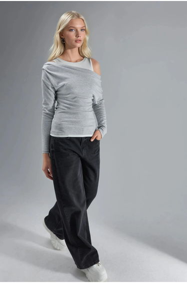Soft Touch Crew Neck Long Sleeve Double Layer Knit Blouse