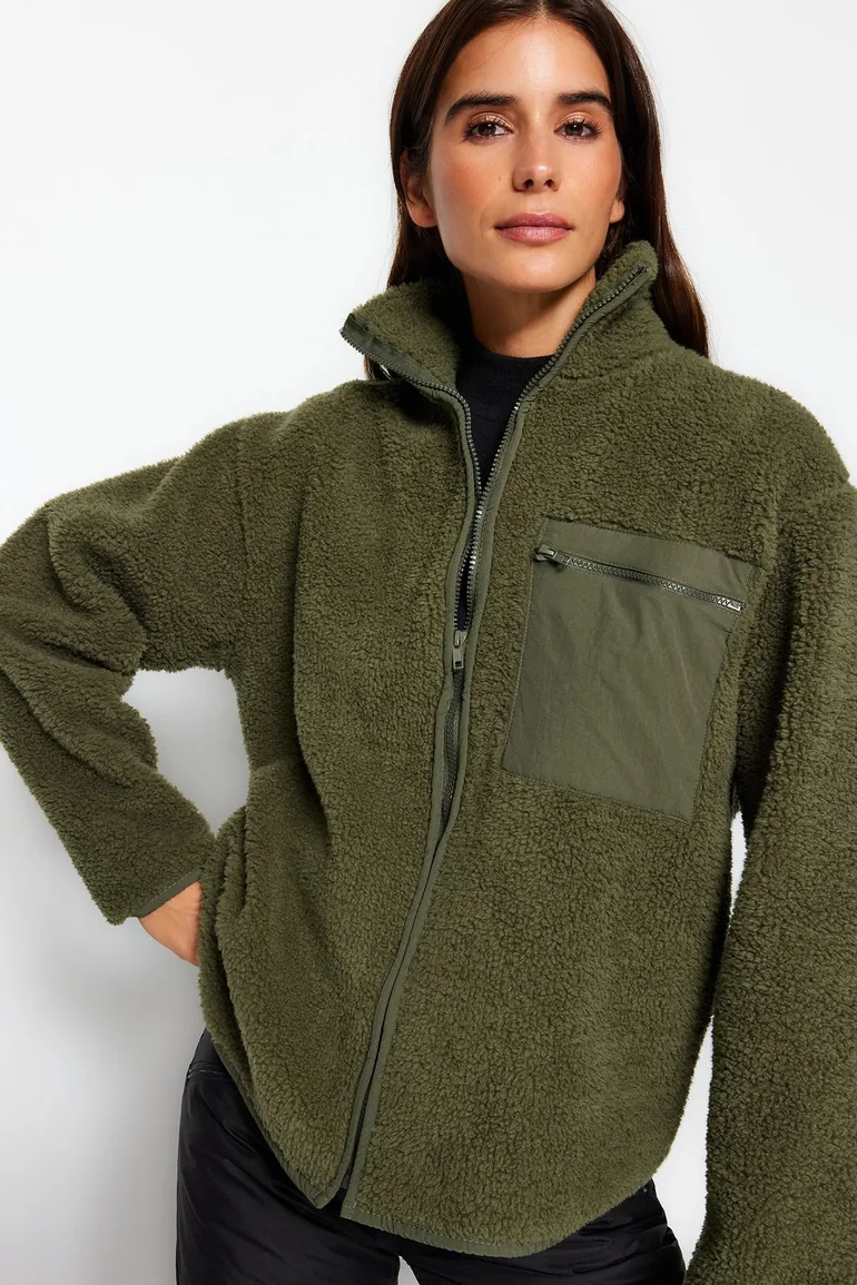 Winter Essentials Khaki Thick Fleece Zipper High Neck Long Sleeve Pocket Knitted Sweatshirt - 2