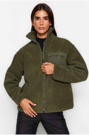 Winter Essentials Khaki Thick Fleece Zipper High Neck Long Sleeve Pocket Knitted Sweatshirt