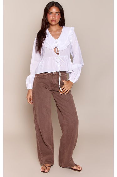 White Cotton Poplin Ruffle Collar Detail Shirt