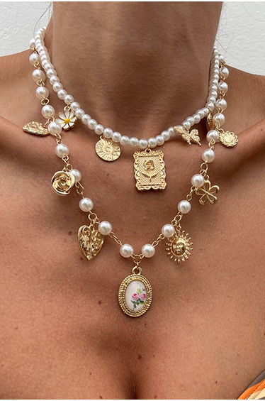 Heart Pendants Layered Pearl Necklace Set