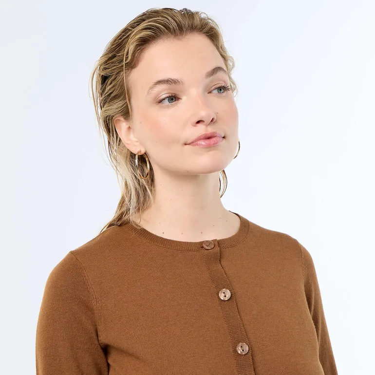 Plain Knit Cardigan with Round Neck BROWN - 3