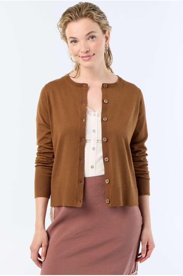 Plain Knit Cardigan with Round Neck BROWN