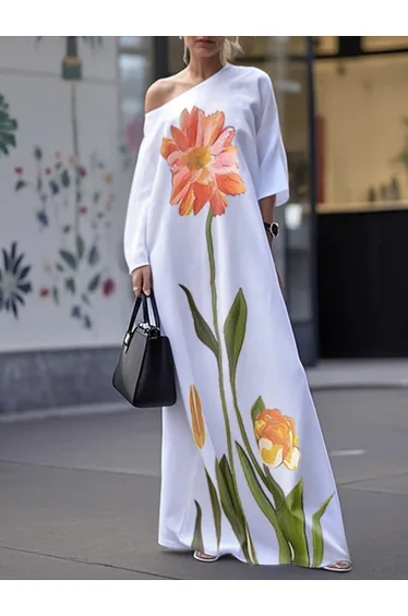فستان ماكسي فضفاض بأكمام 4/3 بكتف واحد بجيوب بطبعة أزهار