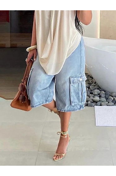 Loose Wide Leg Pockets Split-Joint Denim Half Pants