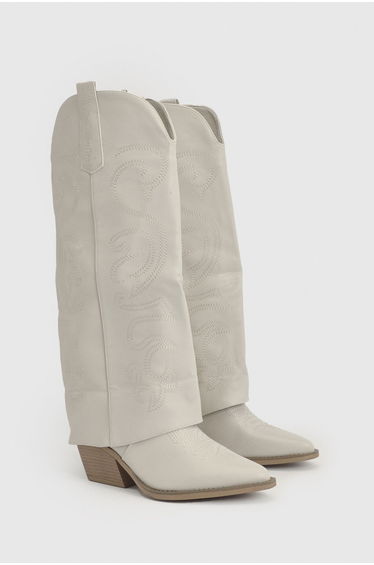 Knee High Fold Over Western Boots - cream