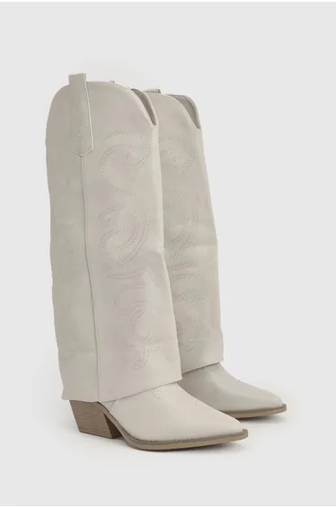 Knee High Fold Over Western Boots - cream