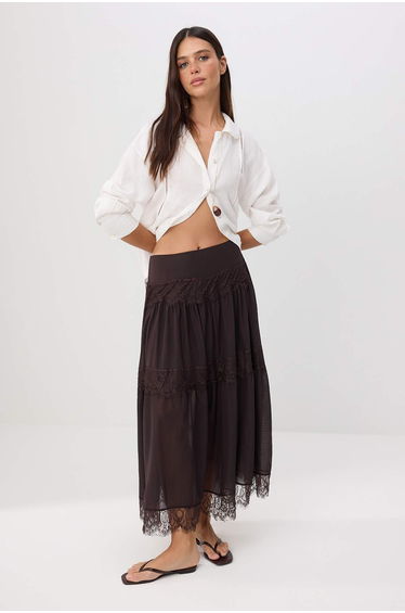 Brown Skater Lace Detailed Regular Waist Maxi Tulle Knitted Skirt