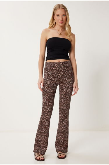 Women Black Pink Patterned Flare Leg High Waist Stretchy Knitted Pants