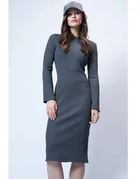 Women's Anthracite Crew Neck Midi Length Knitted Dress - 5