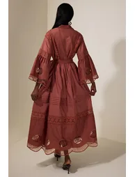 Embroidered Lace Bell Sleeve Maxi Dress - 1