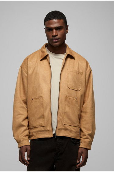 Oversized Croc Faux Suede Collared Carpenter Worker Jacket