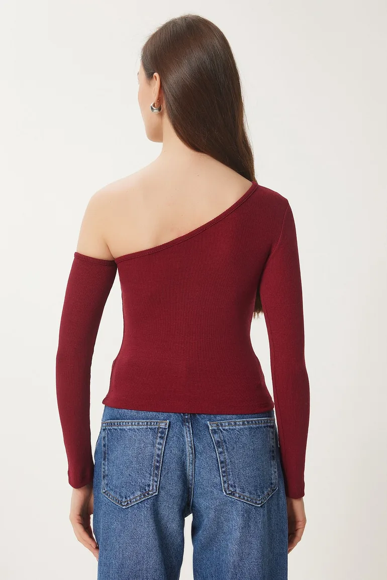 Women's Burgundy Off-Shoulder Corduroy Knitted Blouse - 6