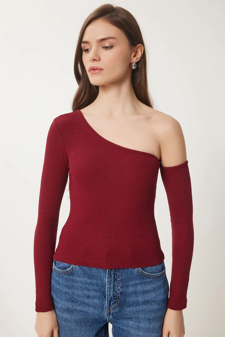 Women's Burgundy Off-Shoulder Corduroy Knitted Blouse - 4