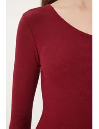Women's Burgundy Off-Shoulder Corduroy Knitted Blouse - 5