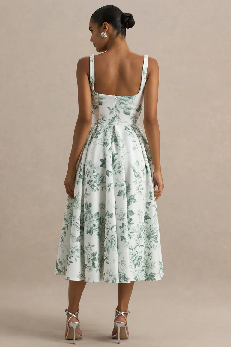 Lissa | Green Porcelain Print Square-Neck Dress - 4