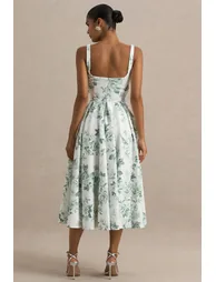 Lissa | Green Porcelain Print Square-Neck Dress - 4