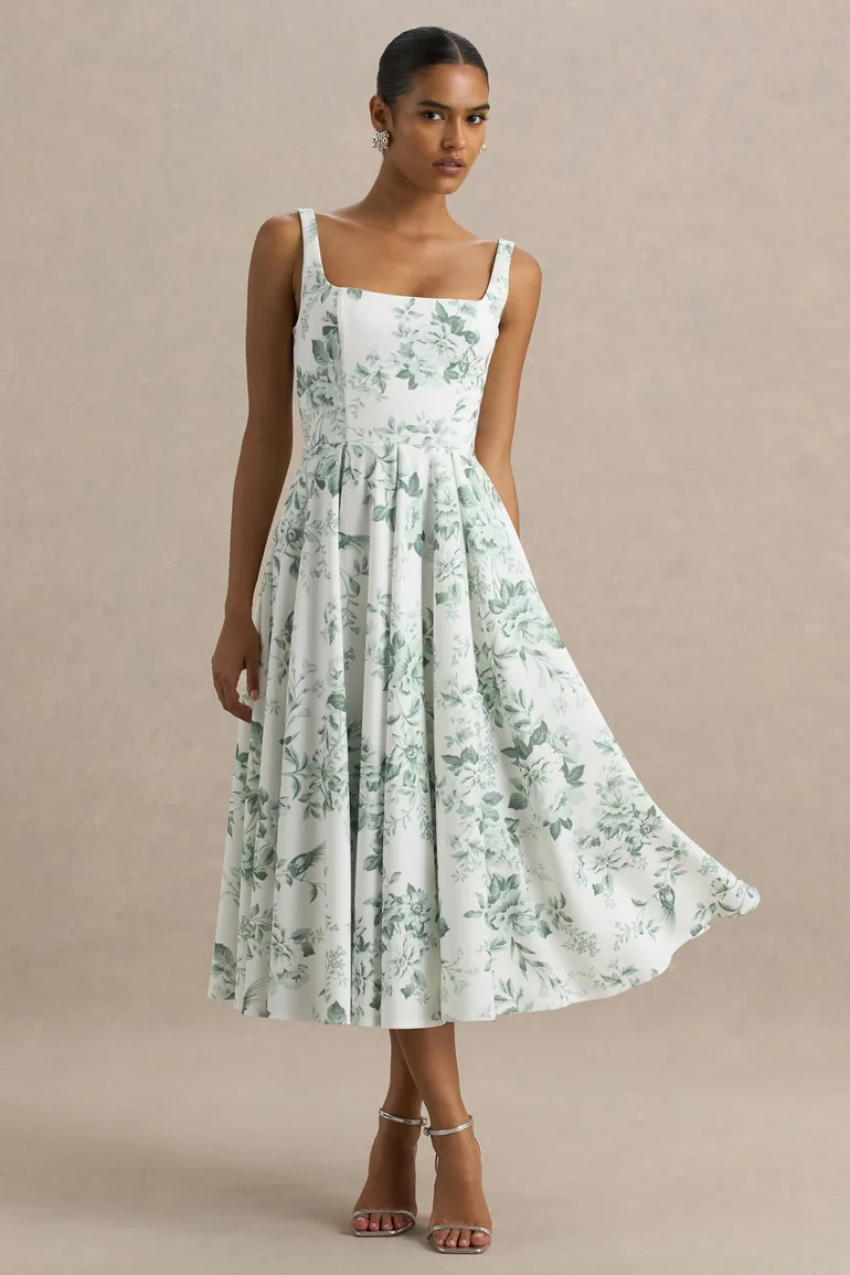 Lissa | Green Porcelain Print Square-Neck Dress