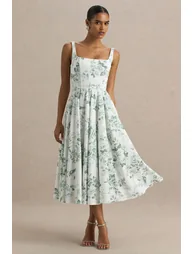 Lissa | Green Porcelain Print Square-Neck Dress