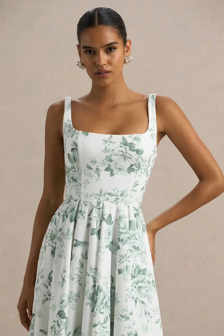 Lissa | Green Porcelain Print Square-Neck Dress - 5
