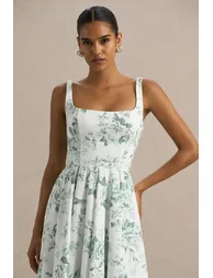 Lissa | Green Porcelain Print Square-Neck Dress - 5