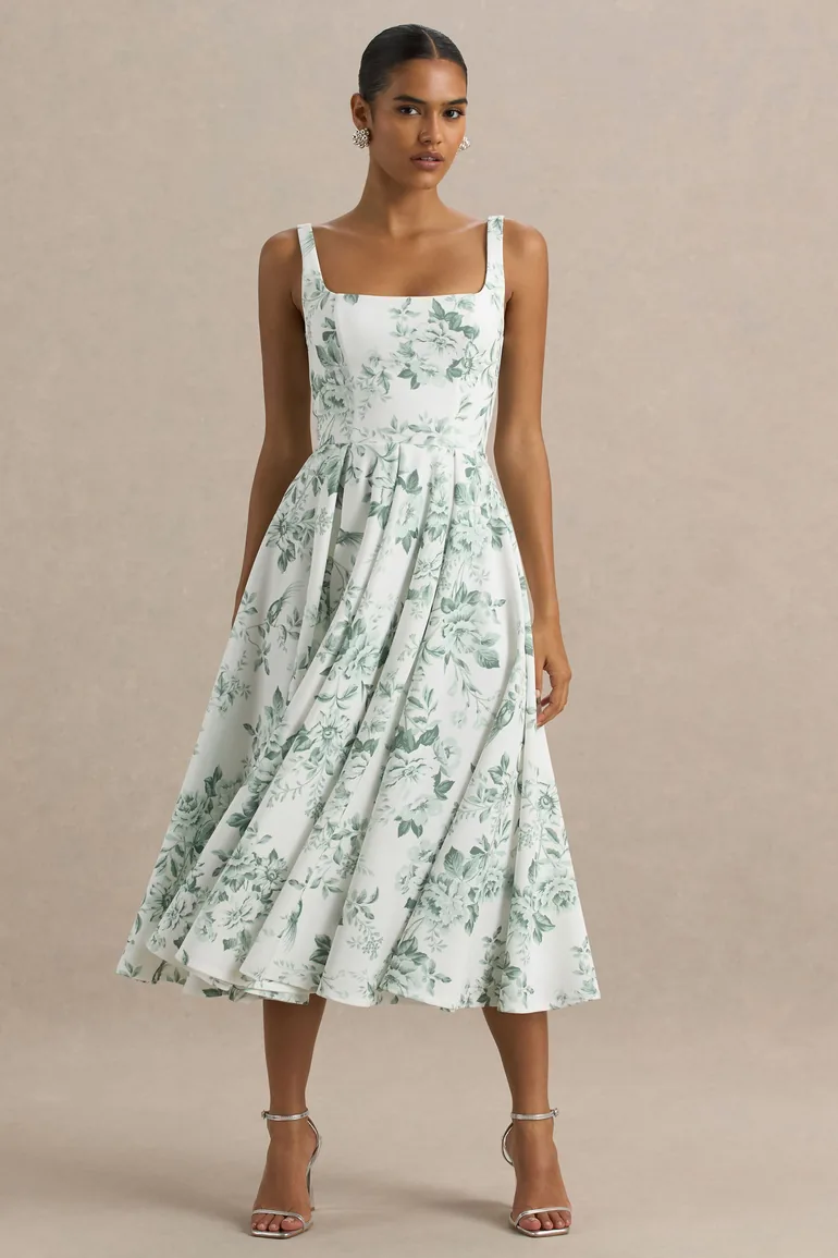 Lissa | Green Porcelain Print Square-Neck Dress - 2