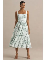 Lissa | Green Porcelain Print Square-Neck Dress - 2